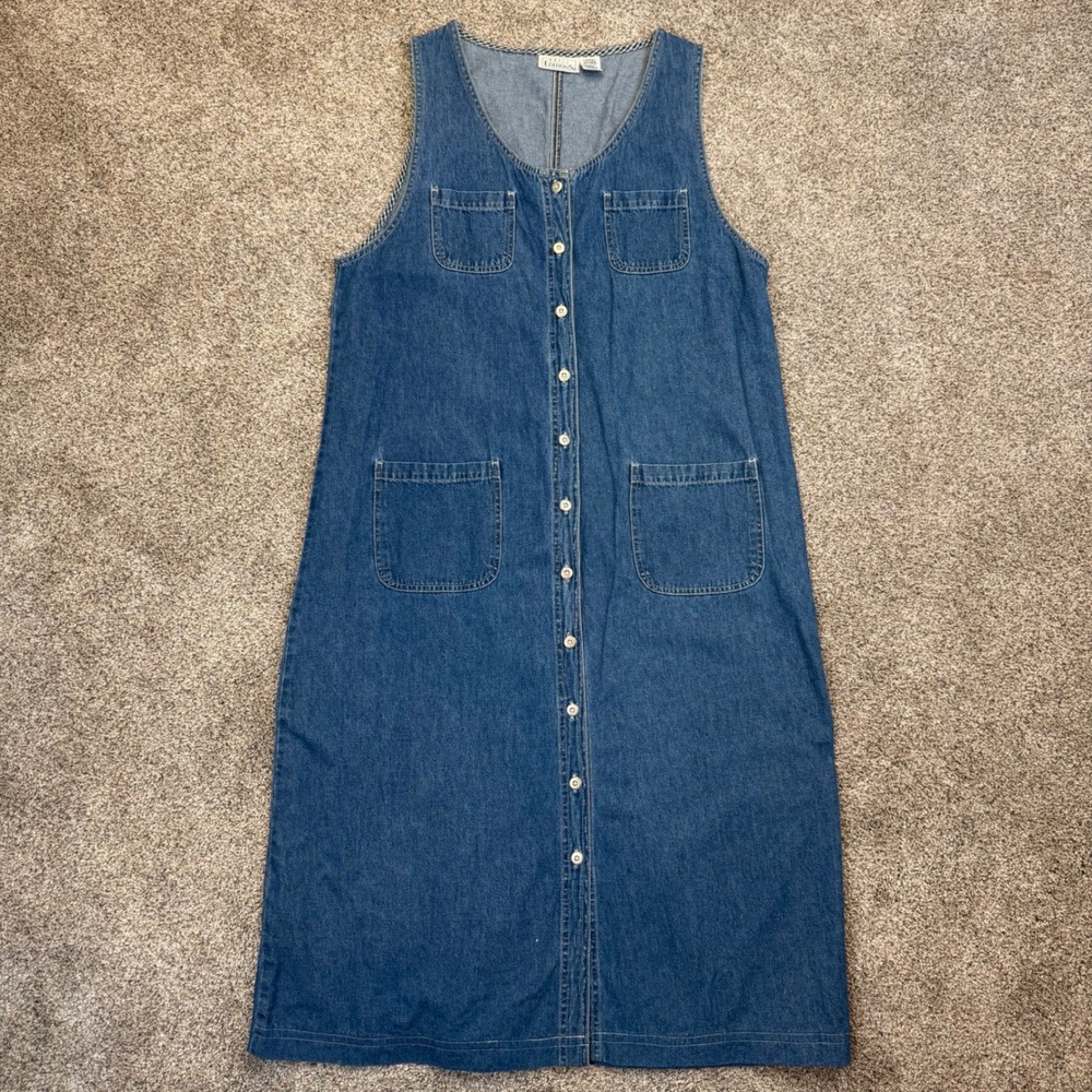 Basic Editions Denim Jumper Dress Womens Large Blue Button Front Midi Pinafore - Picture 2 of 10
